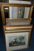 A SMALL QUANTITY PAINTINGS AND PRINTS ETC, to include two Michael Crawley watercolour landscapes,