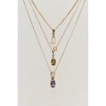 THREE GEM SET PENDANTS, to include an opal pendant prong set in yellow gold, suspended from a fine