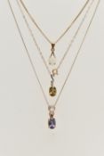 THREE GEM SET PENDANTS, to include an opal pendant prong set in yellow gold, suspended from a fine