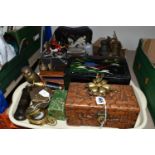 ONE BOX OF BRASSWARE AND SUNDRIES, to include a T.G Co. Ltd. brass compass, a pocket telescope