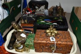 ONE BOX OF BRASSWARE AND SUNDRIES, to include a T.G Co. Ltd. brass compass, a pocket telescope