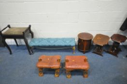 A SELECTION OF VARIOUS STOOLS, to include an Edwardian piano stool, a pair of camel stools, a long