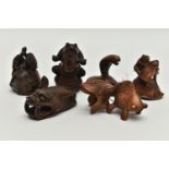 FIVE 20TH CENTURY REPRODUCTION CARVED TREEN NETSUKE AND A SIMILAR COBRA OKIMONO, the netsuke