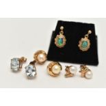 FOUR PAIRS OF GEM SET EARRINGS, the first a pair of yellow gold oval cut blue topaz stud earrings,