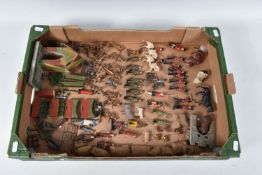 A QUANTITY OF ASSORTED BRITAINS AND OTHER HOLLOWCAST SOLDIER AND OTHER FIGURES ANIMALS &