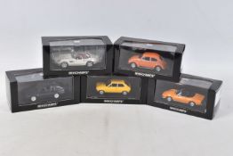 FIVE BOXED MODEL MINICHAMPS COLLECTORS CARS, all 1:43 scale, to include a 1972 Fiat Dino Spider in