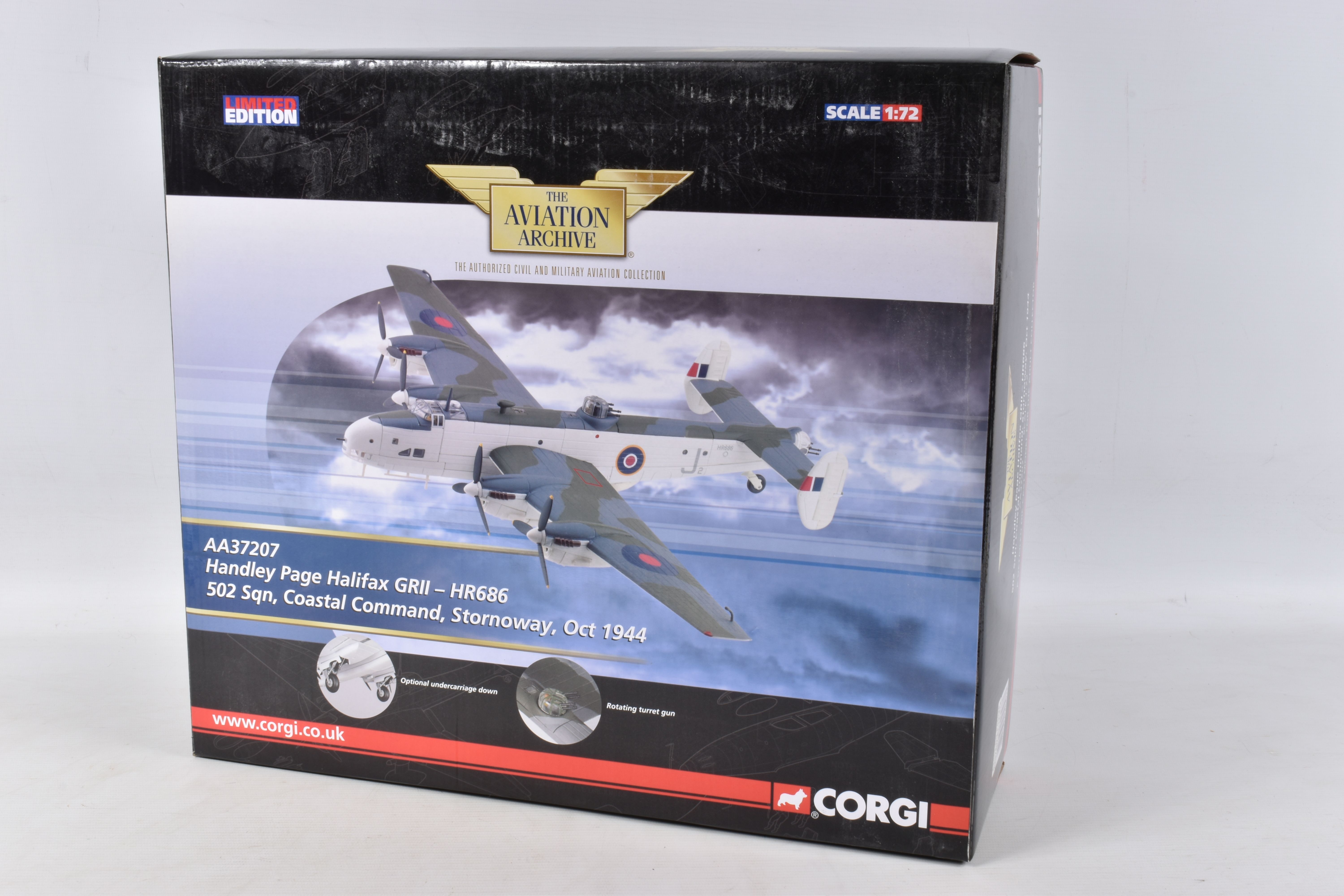 A BOXED CORGI HANDLEY PAGE HALIFAX GRII MODEL PLANE SCALE 1:72, numbered AA37207, painted white