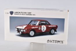 A BOXED AUTOART MILLENNIUM LANCIA FULVIA 1.6HF 1:18 SCALE MODE VEHICLE, numbered 87219, winner of