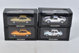 FOUR BOXED MODEL MINICHAMPS COLLECTORS CARS 1:43 SCALE, to include a Ford Capri, Signal orange 78, 1