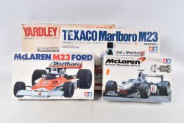 FOUR BOXED UNBUILT TAMIYA MODEL RACECARS, to include a McLaren Mercedes MP4/13, 1:20 scale, No.
