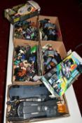 FIVE BOXES OF PLAYWORN AND BOXED BATMAN FIGURES AND MODEL VEHICLES, includes figure names such as
