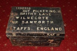 A VINTAGE METAL RAF TIN TRUNK WITH TAMWORTH INTEREST, the top of the trunk is named to 1190916 SGT