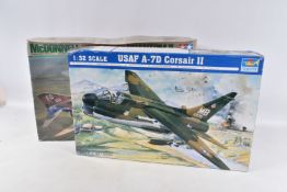 TWO BOXED UNBUILT 1:32 SCALE MODEL AIRCRAFT KITS, to include a Trumpeter USAF A-7D Corsair II, no.