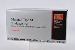 A BOXED CMC MASERATI TIPO 61 BIRDCAGE MODEL VEHICLE SCALE 1:18, numbered M-047, painted white with