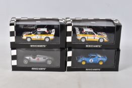 FOUR BOXED MODEL MINICHAMPS COLLECTORS CARS, all 1:43 scale, to include a Lancia Stratos