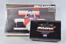 TWO BOXED UNBUILT MCLAREN MP4 MODEL RACECARS, to include a Tamiya Mclaren Mercedes MP4, 1:20