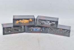 FIVE BOXED SPARK MODELS MINIMAX 1980'S RACECARS, to include a Lotus 95T 2nd East US GP 1984.