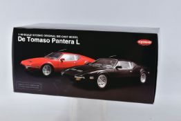 A BOXED KYOSHO DE TOMASO PANTERA L MODEL VEHICLE SCALE 1:18, numbered 08851R, painted red with a