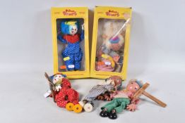 FIVE BOXED PELHAM JUNIOR PUPPETS, Andy Pandy, 2 x JC7 Clowns in different colour outfits and 2 x Boy