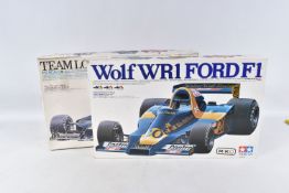 TWO BOXED UNBUILT TAMIYA MODEL RACECARS, to include a Wolf WR1 Ford F1, 1:12 scale. no. BS1224-3500,