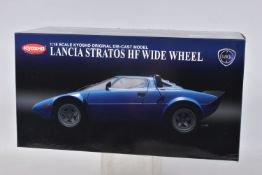 A BOXED KYOSHO 1:18 LANCIA STRATOS HF WIDE WHEEL MODEL VEHICHLE, numbered 08137BL, in blue signed