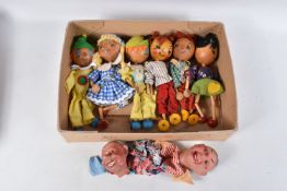 SIX UNBOXED PELHAM JUMPETTE PUPPETS, to include two clowns, with two unidentified c.1950's hand/