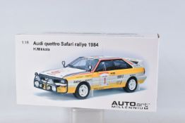 A BOXED AUTOART MILLENNIUM H. MIKKOLA AUDI QUATTRO SAFARI RALLYE 1984 1:18 SCALE MODEL VEHCILE,