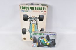 TWO BOXED UNBUILT TAMIYA MODEL RACECARS, to include a Lotus 49 Ford F-1, 1:12 Scale model series no.