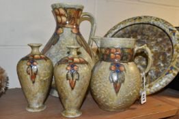FIVE PIECES OF CRANSTON POTTERY, tube lined 'Tukon' pattern on a mottled glaze, comprising a large