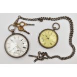 TWO POCKET WATCHES AND AN ALBERT CHAIN, to include a key wound, open face silver pocket watch, round