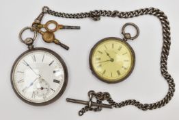 TWO POCKET WATCHES AND AN ALBERT CHAIN, to include a key wound, open face silver pocket watch, round