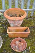 A TERRACOTTA TAPERED PLANTER, diameter 48cm x height 38cm, a rectangular planter, etc (3)