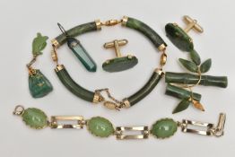 AN ASSORTMENT OF HARD STONE JEWELLERY, to include a nephrite jade bracelet, brooch, pendant and