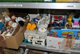 TWO BOXES AND LOOSE COLLECTABLE DOLLS, TRAINS AND FIGURES ETC, to include Alberon and Leonardo