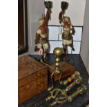 A PAIR OF LATE NINETEENTH CENTURY SPELTER CANDLESTICKS, FIRE IRONS AND TWO WOODEN BOXES, the cold