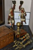 A PAIR OF LATE NINETEENTH CENTURY SPELTER CANDLESTICKS, FIRE IRONS AND TWO WOODEN BOXES, the cold
