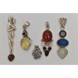 FIVE WHITE METAL STATEMENT PENDANTS, various designs, set with stones to include carnelian,