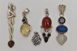 FIVE WHITE METAL STATEMENT PENDANTS, various designs, set with stones to include carnelian,