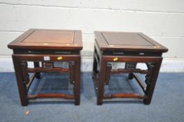 A PAIR OF ORIENTAL HARDWOOD OCCASIONAL TABLES, 42cm squared x height 46cm (condition report: minor
