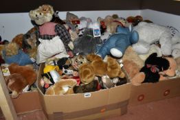 FIVE BOXES OF SOFT TOYS AND TEDDY BEARS, to include an S.J. Meadows handmade floral bear 'Bamser'