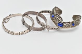 FOUR BANGLES, to include a silver bamboo hinged bangle, hallmarked Birmingham, a silver floral