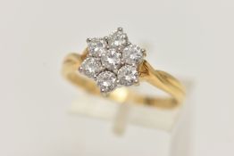 A 18CT GOLD DIAMOND CLUSTER RING, seven round brilliant cut diamonds, prong set in white gold,