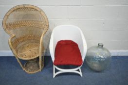 A MID CENTURY WICKER PEACOCK CHAIR, width 73cm x depth 50cm x height 110cm, a white painted wicker