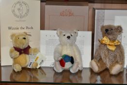 THREE BOXED STEIFF LIMITED EDITION BEARS AND A COPY OF 125 YEARS STEIFF COMPANY HISTORY, still