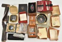 A BOX OF ASSORTED ITEMS, to include a 'Smiths' mantle clock, a 'Smiths' travel clock, a 'Kienzle'