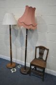 TWO OAK STANDARD LAMPS, with fabric shades, a Georgian oak chair, and a mirror (condition report: