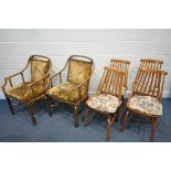 A SET OF BEECH SPINDLE BACK CHAIRS, with loose cushions, along with two wicker conservatory