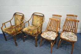 A SET OF BEECH SPINDLE BACK CHAIRS, with loose cushions, along with two wicker conservatory