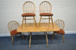 A MID CENTURY ERCOL MODEL 383 ELM AND BEECH DROP LEAF DINING TABLE, open length 138cm x closed width