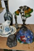 TWO TIFFANY STYLE TABLE LAMPS AND CERAMICS, comprising a large Spanish studio pottery navy blue